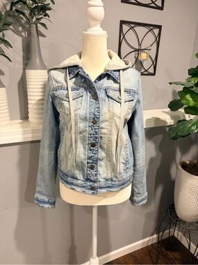 Market & Spruce Light Blue Denim Jacket with Gray Hood